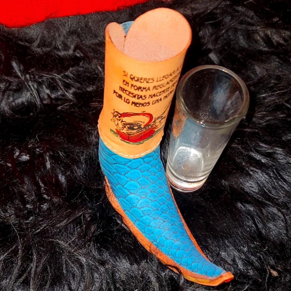 Unique Blue and Tan Leather Boot-Shaped Shot Glass
